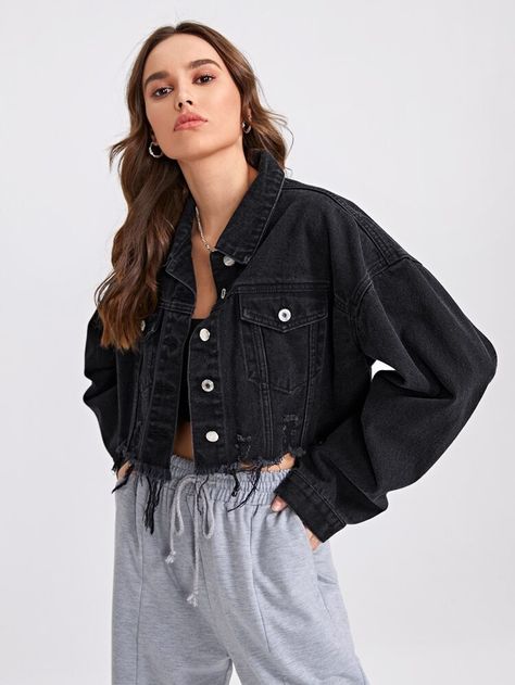 Crop Black Jean Jacket, Crop Demin Jacket Outfit, Crop Black Denim Jacket Outfit, Black Cropped Denim Jacket Outfit, Black Cropped Jean Jacket Outfit, Cropped Black Denim Jacket Outfit, Black Demin Jacket Outfits, Demin Jacket Outfits, Black Demin Jacket