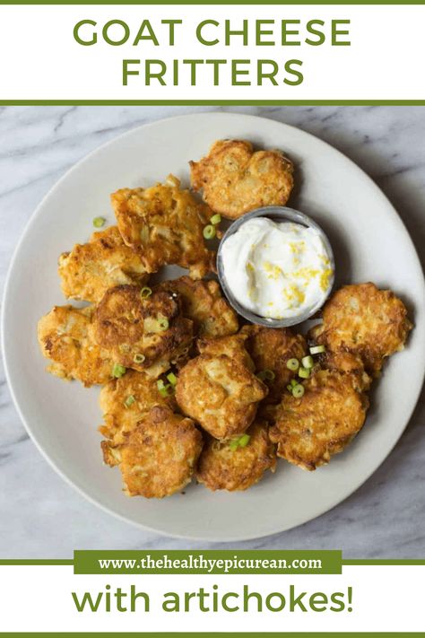 Artichoke & Goat Cheese Fritters - Crispy artichoke, goat cheese, garlic and lemon fritters with a lemon yogurt dipping sauce. Cheese Fritters Recipe, Fried Fritters, Fried Artichokes, Cheese Fritters, Yogurt Dipping Sauce, Fried Artichoke, Vegetarian Lifestyle, Lemon Yogurt, Artichoke Recipes