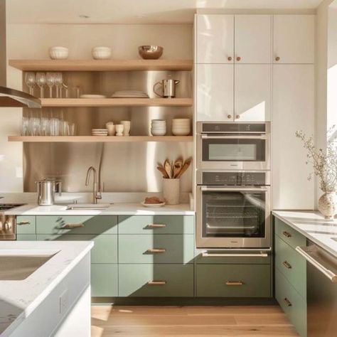 Sage Green Kitchen Cabinets Open Shelving, Pale Green And Wood Kitchen, Sage And Wood Kitchen Cabinets, Kitchen Design Sage Green, Beige And Green Kitchen, Sage And Wood Kitchen, Olive Kitchen Ideas, Sage Kitchen Ideas, Sage And Cream Kitchen