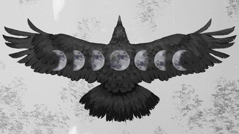 Raven With Wings Out, Crow Stencil Tattoo, Witchy Crow Tattoo, Moon And Raven Tattoos, Raven With Moon Tattoo, Raven And Wolf Tattoo Ideas, Crow Sternum Tattoo, Crow Moon Tattoo, Crow And Moon Tattoo