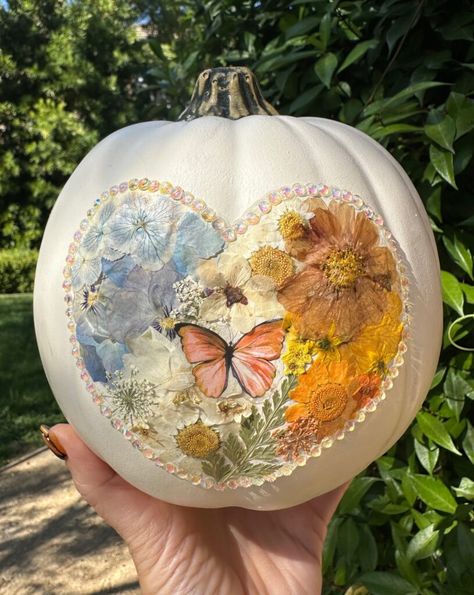 Pressed flower pumpkins Pressed Flower Pumpkin, Flower Pumpkins, Easy Heart Drawings, Pumpkins Painting, Diy Pumpkins, Pumpkin Drawing, Halloween Rocks, Flower Pot Crafts, Halloween Flowers