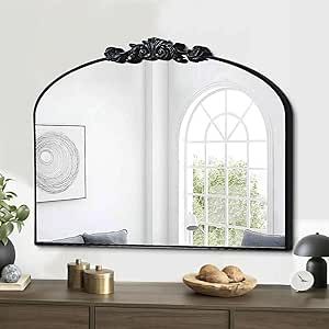 GA Home Black Arched Mirror, 36"x29" Antique Bathroom Mirror with Wooden Frame, Vintage Ornate Baroque Decorative Mirror for Entryway, Fireplace, Living Room Antique Bathroom Mirror, Black Arched Mirror, Mirror With Wooden Frame, Black Arch Mirror, Mirror For Entryway, Black Bathroom Mirror, Antique Bathroom, Fireplace Living Room, Wooden Mirror Frame