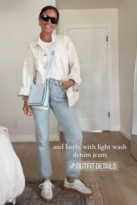 I’ve been on the hunt for the perfect oversized, ivory, denim jacket for a couple of seasons and found the perfect one! I love how versatile it is, and how easy it is to toss on over just about anything. This is such a great piece to have in your closet for everyday when you need something to throw on. Check it out here on my LTK! White Denim Jacket Outfit Spring, Ivory Denim Jacket Outfit, White Pants Jean Jacket Outfit, Denim White Jacket Outfit, Outfit With White Jean Jacket, Styling White Denim Jacket, White Jean Jacket Outfits Fall, White Travel Outfit, White Jeans Jacket Outfit