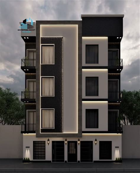 Elevation For Apartment Building, 4 Story Building Elevation, 5 Floor Building Elevation, Modern Building Facade, Building Facade Design, Modern Building Design, Building Exterior Design, Exterior Design Modern, Building Front Designs