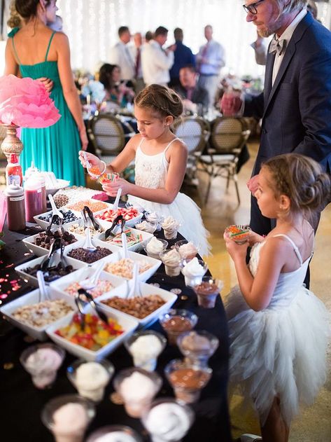 Ice cream sundae dessert station for a wedding reception Ice Cream Bar Wedding Reception, Dessert Buffet Ideas, Wedding Ice Cream Bar, Sundae Dessert, Ice Cream Wedding, Wedding Reception Entertainment, Wedding Buffet Food, Bar Wedding Reception, Buffet Dessert