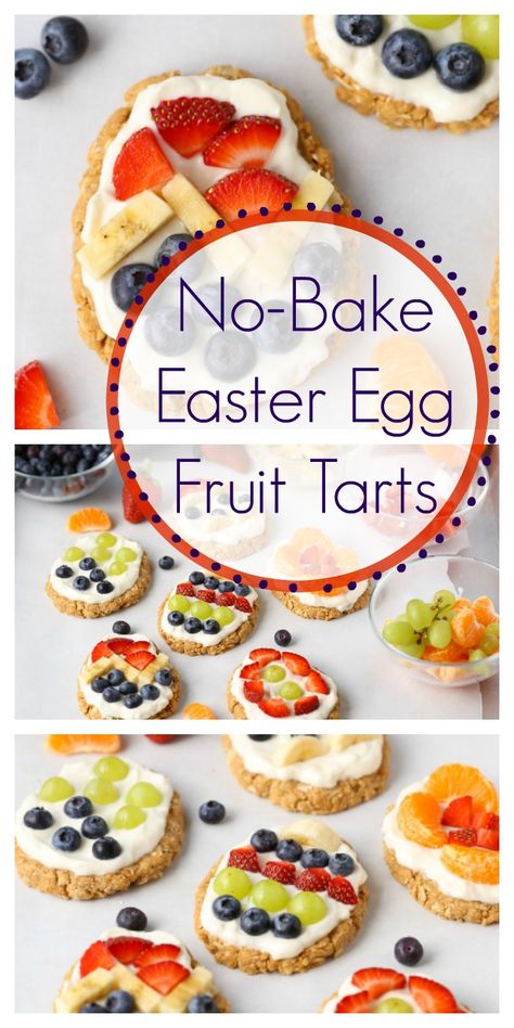 A healthy Easter dessert your kids will love to eat and help you make!  Decorate these No-Bake Easter Egg Fruit Tarts with your kids this holiday season. Healthy Easter Dessert, Egg Fruit, Healthy Easter Recipes, Easter Cooking, Recipes Easter, Healthy Easter, Super Healthy Kids, Easter Snacks, Fruit Tarts