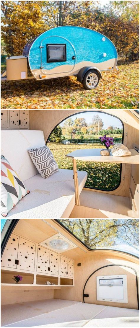 This tiny teardrop camper is a Scandi style lover’s dream. #teardroptrailer #camping #glamping Renault Kangoo Camper, Opel Vivaro Camper, Renault Master Camper, Iveco Daily Camper, Teardrop Trailer Interior, Teardrop Trailer Camping, Teardrop Camper Interior, Vw T4 Camper, Diy Teardrop Trailer