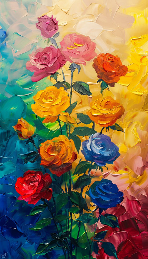 Oil Paint Rainbow Long Stem Roses Rainbow Flower Painting, Color Wheel Projects, Long Stem Roses, Painted Rainbow, Rainbow Roses, Colored Pencil Drawing, Vibrant Flower, Rainbow Flowers, Color Wheel