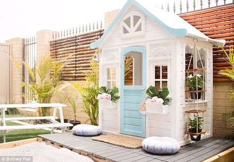 Perth mother transforms $199 Kmart cubby into beach house Small Cubby House, Cubby House Hack, Chicago Backyard, Kmart Cubby House, Playhouse Garden, Kmart Cubby, Luxurious Beach House, Cubby House Ideas, Idea Magazine