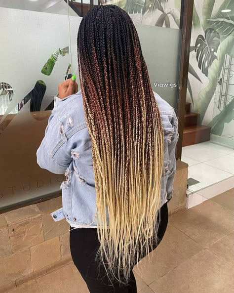 Box Braids Mixed Colors Black Women, Blond Ombre Box Braids, Box Braids Ombre Blondes, Medium Ombre Box Braids, Black Ombre Box Braids, Box Braids Ombre Hair, Black To Blonde Braids, Blonde Ombré Braids, Blonde Ombre Box Braids