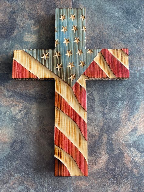 Rustic wavy American flag cross by TrueGritWorkshop on Etsy Crosses Crafts, American Flag Cross, Patriotic Decorations Party, Rustic American Flag, Deployment Gifts, Rustic Cross, Military Gift, Cross Crafts, Cross Gift