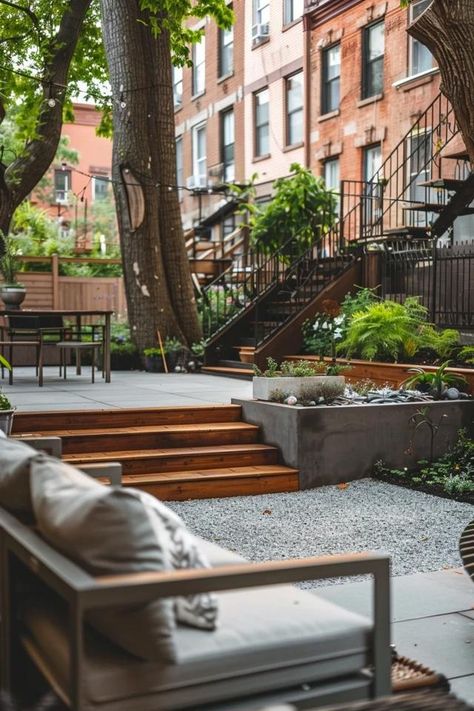 Brownstone - Transform Your Backyard with These Ideas Brownstone Patio, Brooklyn Backyard Ideas, Small Suburban Backyard Ideas, Brownstone Backyard, Nyc Brownstone Backyard, Suburban Backyard, Small Urban Garden, Farmhouse Glam, French Country Bathroom