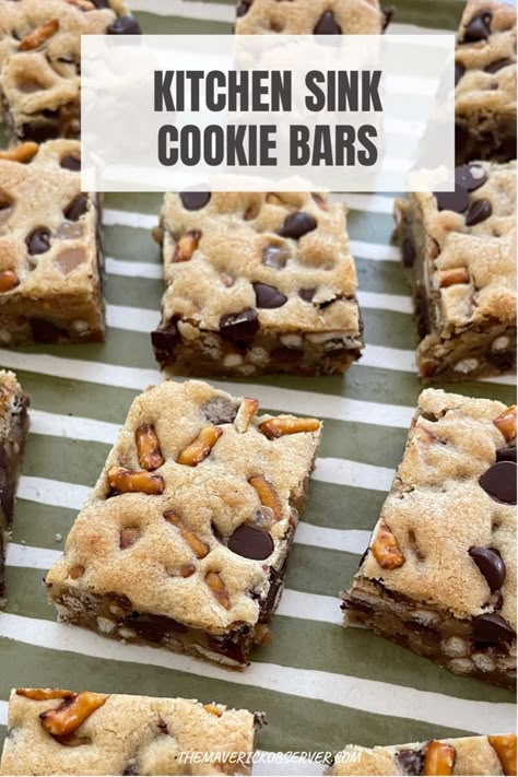 Kitchen Sink Cookie Bars Mary Berg, Everything But The Kitchen Sink Bars, Kitchen Sink Cookie Recipes, Kitchen Sink Bars Recipe, Everything But The Kitchen Sink Recipes, Kitchen Sink Cookie Bars, Cookie Add Ins, Everything But The Kitchen Sink Cookies, Kitchen Sink Bars