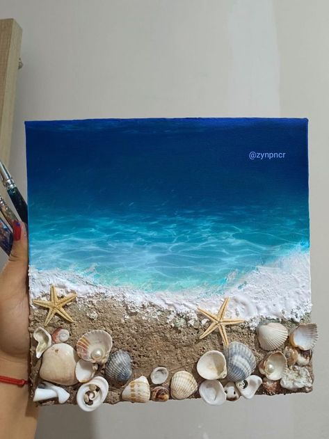 Canvas Art With Seashells, Beach Mixed Media Art, Painting With Shells On Canvas, Beach Painting With Shells, Ocean Room Decor Diy Crafts, Sea Beach Painting Acrylic, Seashell Painting On Canvas, Sea Shell Canvas Art, Sea Shell Crafts Seashell Art Ideas