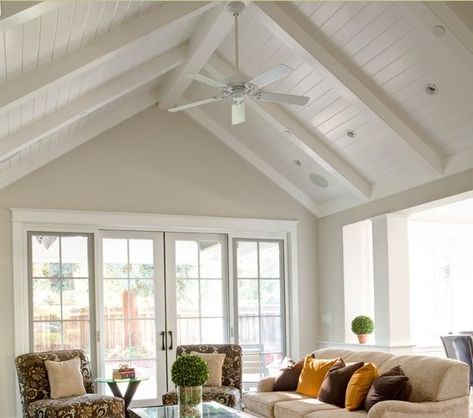 Installing new wood ceiling with rafters exposed - Fine Homebuilding Traditional Living Room Designs, Rafter Ceiling, Elegant Traditional Living Room, Colonial Home Interior, Traditional Design Living Room, Shiplap Ceiling, Exposed Rafters, White Beams, Powder Room Decor