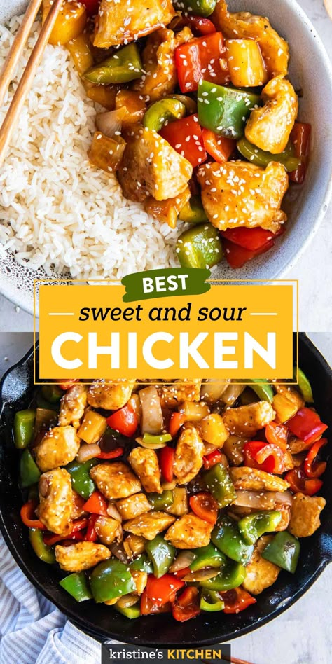 The BEST Sweet and Sour Chicken Recipe with an easy homemade sweet and sour sauce. This stir fry has chicken, bell peppers, onions and pineapple. Healthier and just as tasty as Chinese takeout. Sweet And Sour Stir Fry, Sweet And Sour Chicken Stir Fry, Sweet And Sour Chicken With Rice, Sweet And Sour Chicken Recipe, Sweet Sour Chicken Easy, Easy Baked Sweet And Sour Chicken, Easy Sweet And Sour Chicken Recipe, Pf Changs Sweet And Sour Chicken Recipe, Sweet And Sour Chicken