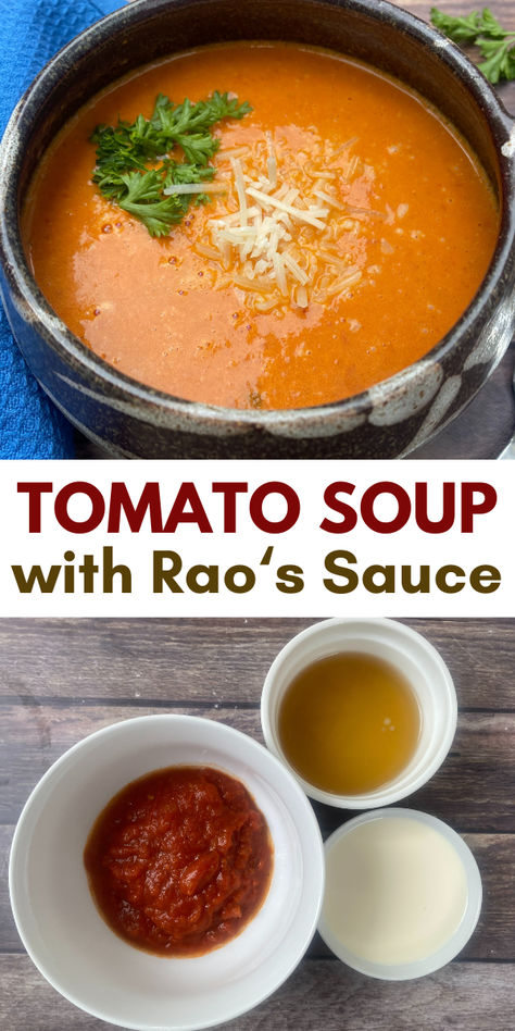 Image of tomato soup and the three ingredients that make it 2 Ingredient Tomato Soup, Rao Marinara Tomato Soup, Raos Tomato Soup Recipe, Pasta Sauce Tomato Soup, Raos Tomato Basil Soup, Tomato Soup With Pasta Sauce, Tomato Soup With Spaghetti Sauce, Tomato Soup From Pasta Sauce, Tomato Soup From Spaghetti Sauce