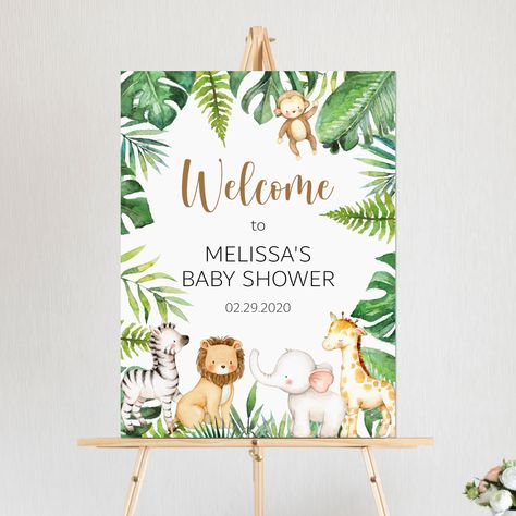 Jungle Baby Shower Decorations, Gender Reveal Banner, Animals Baby Shower, Watercolor Greenery, Safari Jungle, Jungle Baby Shower, Jungle Baby, Shower Welcome Sign, Welcome Poster