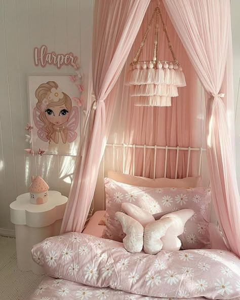 Fairy girl bedroom | butterfly decor bedroom for girl | white bed idea for 5 year old girl | pink kid bedroom Bedroom For 5 Year Girl, 5 Year Girl Bedroom Ideas, Aurora Bedroom, White Girls Bedroom, Bedroom Butterfly, Pink Kids Bedrooms, Doll Bedroom, Big Girl Bed, Toddler Girl Bedroom