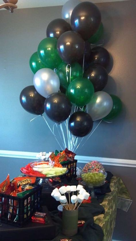 Camouflage Birthday Party Ideas, Camouflage Birthday Party, Army Themed Birthday, Camo Birthday Party, Camouflage Party, Army Birthday Parties, Army Theme, Balloons White, Army Birthday