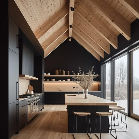 Barndominium Modern Interior, Modern Wood House Interior, Modern Cottage In The Woods, Modern Mountain House Interior Design, Scandanavian Interiors Cabin, Small A Frame Interior, Black Modern House In The Woods, Moody A Frame, Scandinavian Modern House Interiors