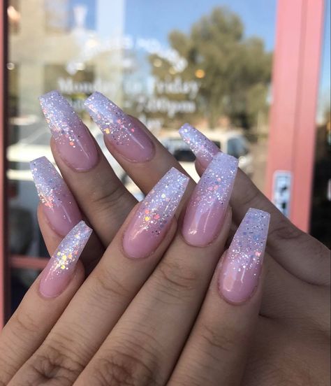 Pink To Glitter Ombre Nails, Classy Pink Nails Glitter, Pink Ombre Glitter Acrylic Nails, Glitter Chrome French Tip Nails, Winter Glitter Nails Acrylic, Sparkling Pink Nails, Baby Boom Nails Acrylic, Pearl Ombre Nails, French With Glitter Nails