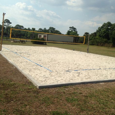 Out back sand volleyball court Sand Volleyball Court Backyard, Home Volleyball Court, Volleyball Court Backyard, Backyard Volleyball, Sand Backyard, Backyard Court, Sand Volleyball, Beach Volleyball Court, Sand Volleyball Court