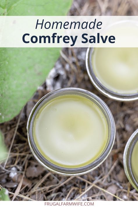 Comfrey Salve Recipe - The Frugal Farm Wife Comfrey Salve Recipe, Comfrey Poultice, Apothecary Recipes, Herb Remedies, Herbal Salve Recipes, Comfrey Tea, Pain Relief Salve, Comfrey Salve, Healing Salve Recipe