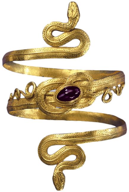 Gold snake bracelet with garnet, from the Greek-Hellenistic period; 3rd to 2nd century B.C. Ancient Jewels, Ancient Jewellery, Egyptian Jewelry, Snake Jewelry, Snake Bracelet, Greek Jewelry, Ancient Jewelry, Gold Snake, Antique Jewellery