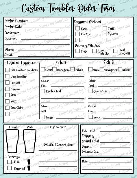 This listing is for a DIGITAL file ONLY. This is a JPG file for ready to print Custom Tumbler Order Forms that you may print home as needed and as much as you want! These forms are perfect to help you get your custom orders written down properly, and keep them organized. File has been saved as a JPG in a standard letter format (8.5in x 11in). Depending on the program you use, resizing may be required. **THIS FILE IS AN INSTANT DOWNLOAD. NOTHING WILL BE MAILED TO YOU.** You may download the file Tshirt Printing Business, Order Template, Custom Order Form, Order Form Template Free, Free Business Card Design, Order Form Template, Bookkeeping Templates, Check Email, Tumbler Template