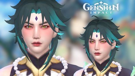 Xiao Makeup, Xiao Hair, Download Sims, Yellow Eyes, Sims 4 Cc, Green Hair, The Sims 4, Animated Characters, The Sims