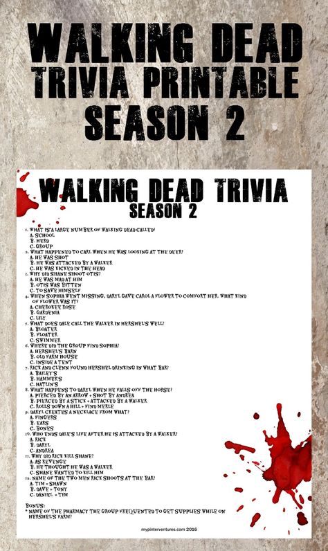 Walking Dead Trivia Printable - Season 2. How good is your memory? A fun Walking Dead printable - great for parties. Halloween Costumes For Kids Diy, Walking Dead Birthday Party, Costumes For Women Diy, Diy Halloween Costumes For Couples, Walking Dead Birthday, Makeup Halloween Costumes, Walking Dead Party, Halloween Costumes Women Diy, Halloween Costumes Party