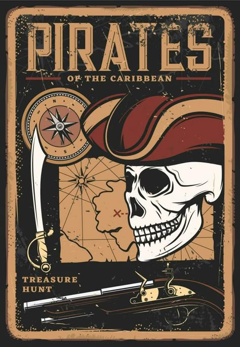 Pirates vintage poster, skull in hat, treasure map Pirate Illustration, Pirate Adventure, Caribbean Art, Treasure Map, Bullet Journal Diy, Pirate Skull, Decoration For Living Room, Treasure Maps, Shirt Print Design