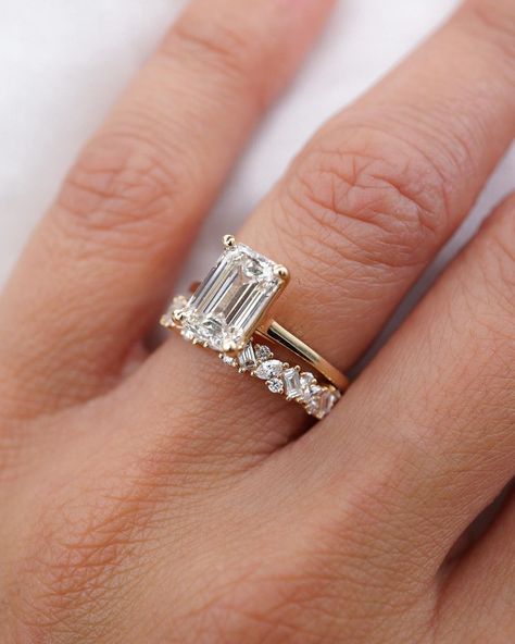 Mixed Shape Diamond Band, Solitaire Engagement Ring With Unique Band, Baguette Engagement Ring With Band, Baguette Wedding Band With Solitaire, Baguette Engagement Rings, Engagement Rings With Baguettes, Engagement Stacking Rings, Wedding Band With Emerald Engagement, Emerald Cut Engagement Ring Stack