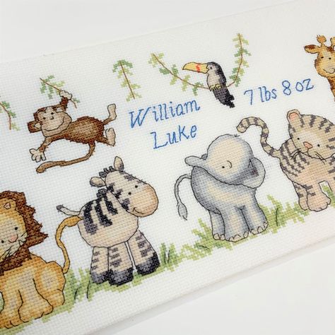 The second birth sampler in the Winter Collection is Jungle Welcome, a wild and wonderful design to dedicate to your newest arrival. Stampeding into the Bothy on 8th February! #bothythreads #crossstitch #birthsampler #birthannouncement #junglecrossstitch Long Stitch Embroidery, Baby Jungle Animals, Stitch Family, Bothy Threads, Birth Sampler, Cross Stitch Family, Long Stitch, Birth Records, Nursery Cross Stitch