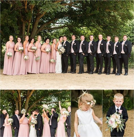 Pink Bridesmaids Dress and Black Suits | Maddie Peschong Photography Black And Blush Groomsmen Attire, Groomsmen Attire Black And Pink, Wedding Colors With Black Suits, Black And Pink Groomsmen, Black And Dusty Pink Wedding, Dusty Pink Groomsmen Attire, Blush Pink Groomsmen Attire, Black Suit With Pink Tie, Groomsmen Pink