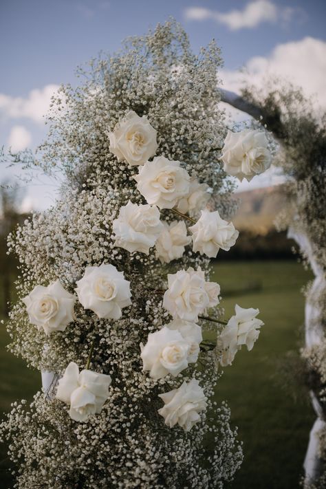 Zoe & Daniel opted for a full arch ceremony filled with babies breath and white roses to create the perfect cloud-like scene. Such a beautiful garden wedding! Captured by zeeandceestudio. Wedding Arch White Roses, Babies Breath Arch, Babys Breath Aesthetic, Black Themed Wedding, White Rose Centerpieces, Eucalyptus Bouquet, White Roses Wedding, White Rose Flower, Rose Centerpieces