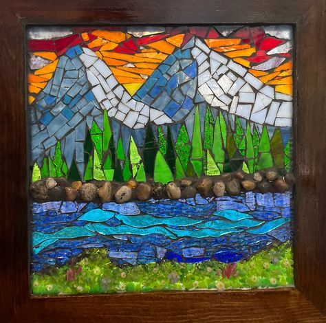 Mosaic Landscapes Art, Mosaic Art Nature, Mosaic Mountain Scenes, Mosaic Mountains, Mountain Mosaic, Mosaic Walls, Mosaic Landscape, Easy Mosaic, Landscape Mosaic