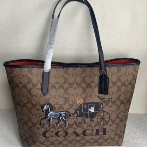 Coach Halloween tote and pumpkin driver coach wagon new Coach City Tote, Halloween Horse, Horse And Carriage, Horse Carriage, Halloween Tote, Signature Canvas, Halloween Coloring, Makeup Case, New Shop