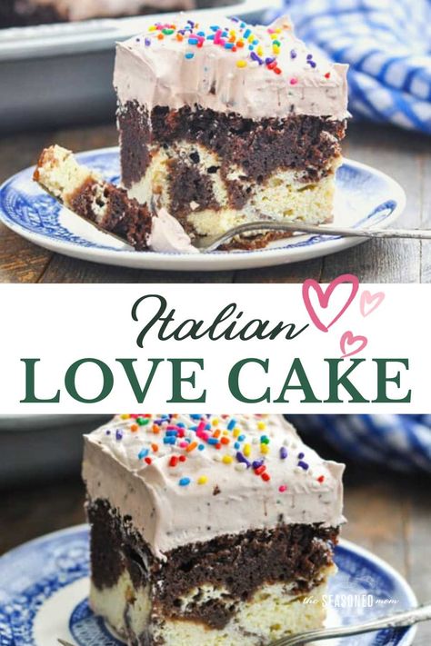 This chocolate Italian Love Cake starts with a boxed cake mix for an easy dessert recipe that only looks fancy! With chocolate, sweet ricotta, and a whipped pudding topping, the layered Italian cake is moist, rich, and perfect for Valentine's Day, birthdays, or any other special occasion! Study Meals, Chocolate Italian Love Cake, Whipped Pudding, Italian Love Cake, Easy Birthday Desserts, Love Cake Recipe, Sweet Ricotta, Italian Desserts Easy, Chocolate Clusters