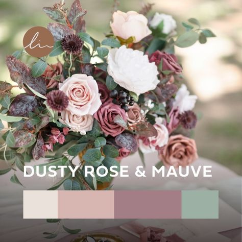 Sage Rose Wedding, Spring Mauve Wedding, Dusty Rose Mauve Sage Green Wedding, Mauve Rose Bouquet, Mauve And Sage Wedding Color Schemes, Dust Pink Wedding Decor, Dusty Rose And Sage Green Wedding Reception, Mauve Taupe Wedding, Deep Rose Wedding Color Schemes