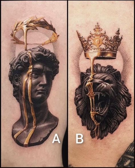 Tattoos With Gold Ink, Black And Gold Tattoo Design, Gold And Black Tattoo, Gold Ink Tattoo, Black And Gold Tattoo, Gold Tattoo Ink, Golden Tattoo, Gold Tattoo, Geniale Tattoos