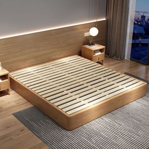 Nordic Platform Bed, Platform Beds Queen, Bed Design Without Storage, Low King Size Bed, Bed Base Ideas, Bed Without Legs, Simple Wooden Bed Design, Japanese Bed Frame, Wood Bed Frame Queen