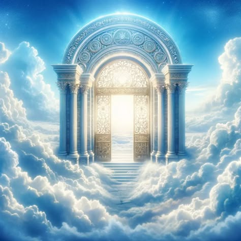 A majestic gate located in the heavens, surrounded by a sea of fluffy, white clouds. The gate is ornately designed with intricate patterns and is glowing with a divine light that seems to radiate peace and sanctity. The background is a brilliant blue sky that fades into the soft light emanating from the gate, giving the impression of a threshold to a sacred and heavenly realm. This image is intended to captivate the imagination of Bible readers, evoking a sense of wonder and the divine. Heaven Gates Background, Heavenly Scenery, Light Blue And White Background, Heavenly Background, Heaven Gates, Heaven Image, Heaven Artwork, Heaven Background, Gate Of Heaven