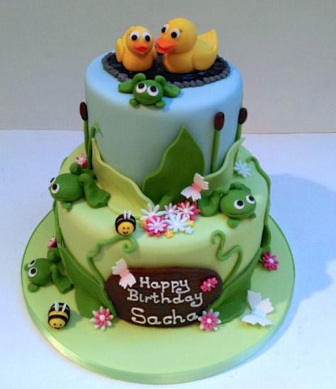 Birthday Cake For Son, Pond Cake, Second Birthday Cakes, Theme Birthday Cake, Tiered Cakes Birthday, Birthday Cake For Mom, Cake Frame, Simple Birthday Party, Duck Pond