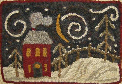 Wool Pictures, Rug Hooking Patterns Primitive, Hook Rugs, Night Pattern, Locker Hooking, Canadian Dollars, Rug Hooking Designs, Winter Rug, Wool Work