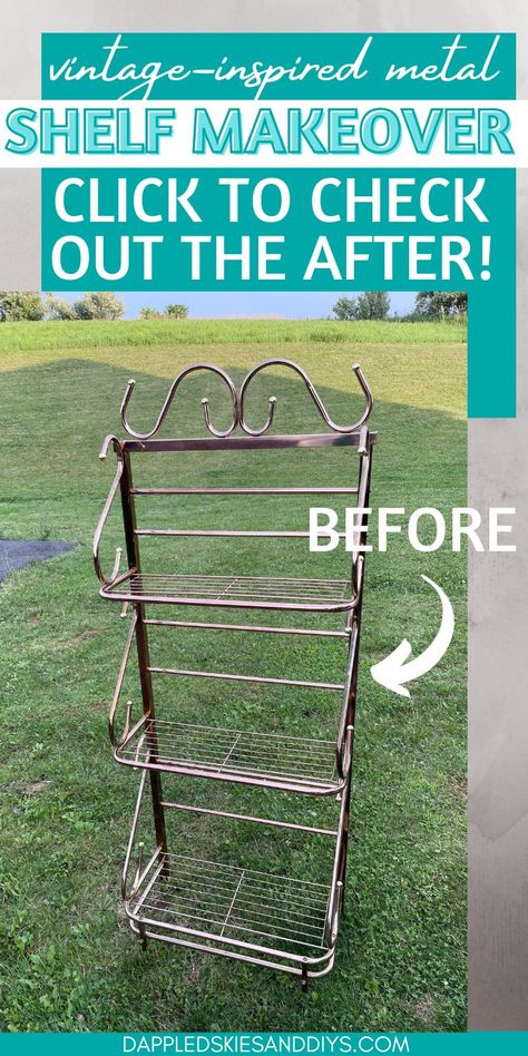 Three-tiered metal shelf DIY using spray paint and rub 'n buff. Metal Shelf Makeover Diy, Metal Plant Shelves, Spray Paint Metal Shelves, Painted Metal Shelves, Wire Rack Makeover, Metal Bakers Rack Makeover, Spray Paint Wire Shelves, Metal Shelving Ideas, Wire Shelves Makeover