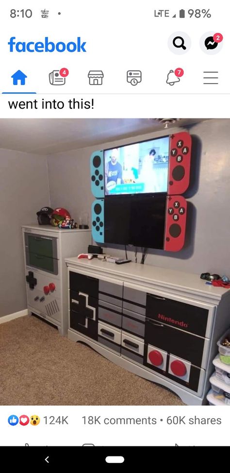 Gaming Dresser, Nintendo Dresser, Gamer Dresser, Video Game Console Storage, Nintendo Decor, Night Stand Makeover, Chest Makeover, Boy Dresser, Diy Dresser Makeover