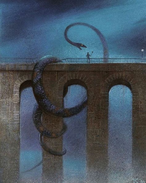 Vintage Sci-fi Art on Instagram: “On the Bridge Follow: @gigantic.creatures Artist: Jerzy Gluszek Hashtags: #scifi #vintagescifi #scifiart #scifiworld #fantasyart #70s #80s…” Giant Serpent, Bridge Night, Sci Fi Aesthetic, Foggy Night, Giant Snake, Serpent Snake, Arte Peculiar, Fantasy Aesthetic, High Fantasy