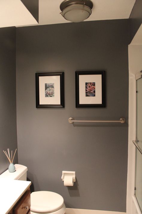 Liquid mercury by behr paint.  I think this may be the new bathroom color. Gray Bathroom Walls, Dark Gray Bathroom, Grey Accent Wall, Gray Bathroom, Bathroom Paint Colors, Rustic Bathroom Decor, Grey Paint, Bathroom Color, Girls Bathroom